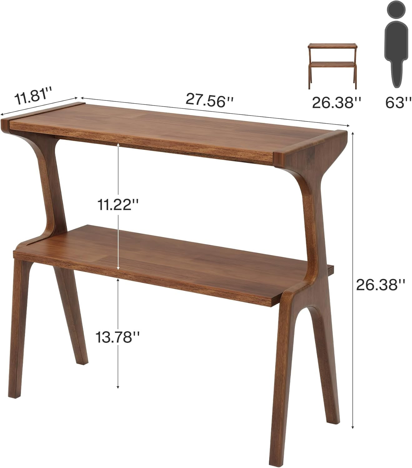 Solid Wood Side Table, 2-Tier Farmhouse Couch Side Table, Rustic Slim Tall Sofa End Table with Storage Shelf for Living Room, Skinny Bedside Table, Nightstand for Bedroom, Rustic Brown