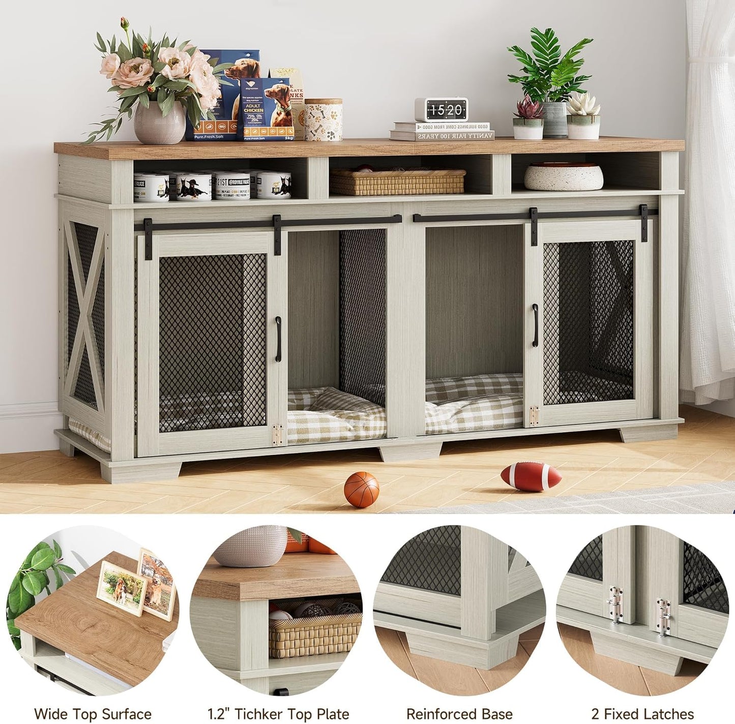 71" Extra Large Dog Crate Furniture, Wooden Double Dog Crates Kennel Cage,Furniture Style Tv Stand Side End Table for 2 Dogs with Removable Divider for Large Dogs,3 Storage,Dark Walnut/Ligh