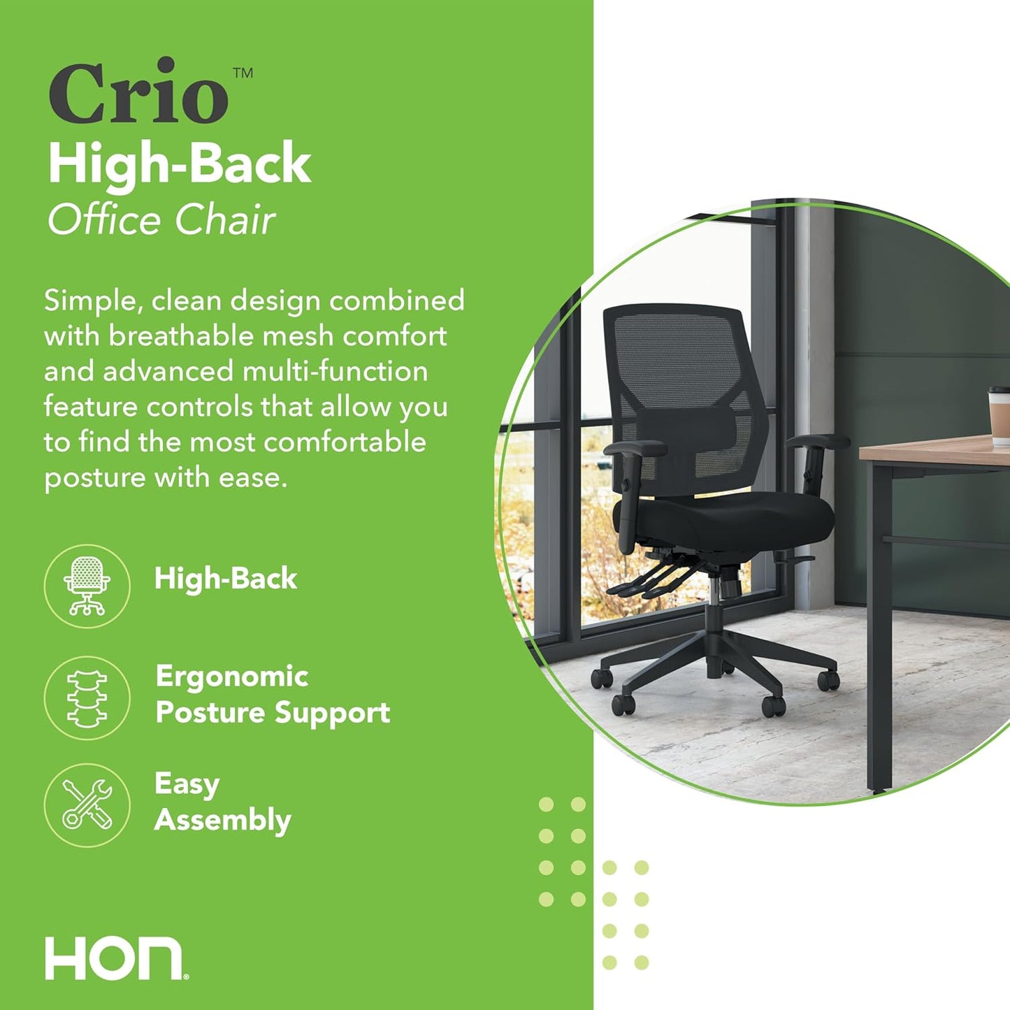 Crio High Back Office Chair, Ergonomic Office Chair with Adjustable Arms and Back Support, 360° Swivel, Asynchro-Tilt Recline, Black