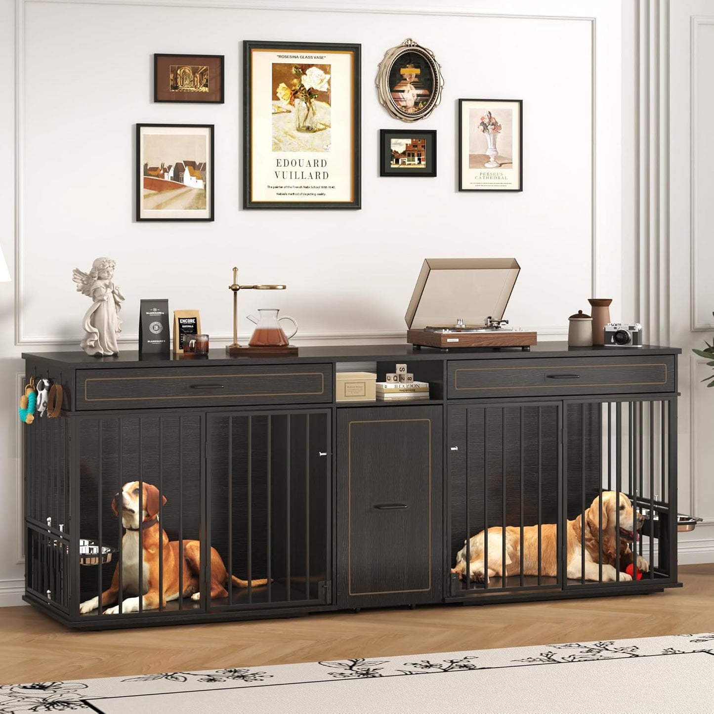 86.6" Dog Crate Furniture Large Breed TV Stand with Double Rooms, Wooden Dog Kennel Furniture with Dog Bowl, 2 Drawers and Cabinet for Large Medium Dogs, Black