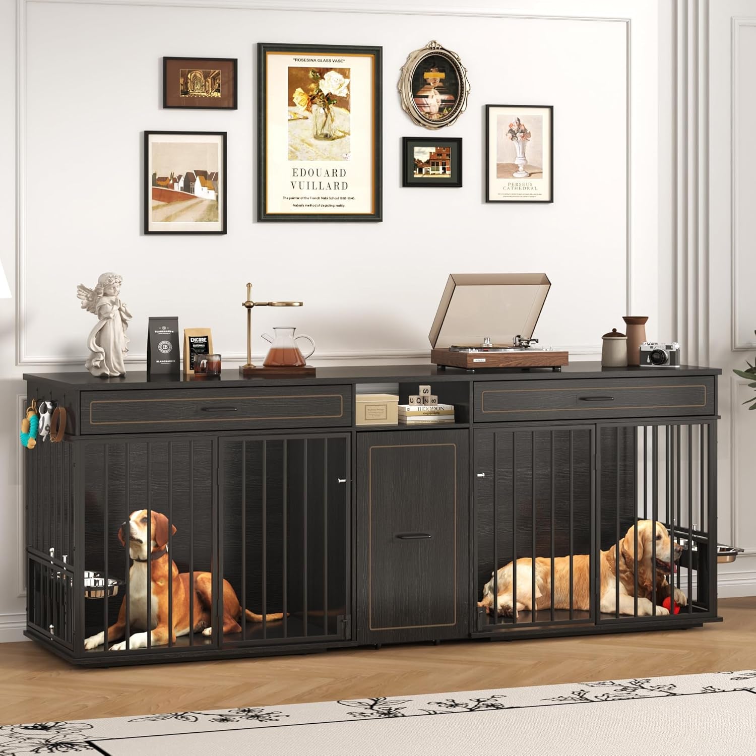 86.6" Dog Crate Furniture Large Breed TV Stand with Double Rooms, Wooden Dog Kennel Furniture with Dog Bowl, 2 Drawers and Cabinet for Large Medium Dogs, Black