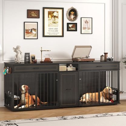 86.6" Dog Crate Furniture Large Breed TV Stand with Double Rooms, Wooden Dog Kennel Furniture with Dog Bowl, 2 Drawers and Cabinet for Large Medium Dogs, Black