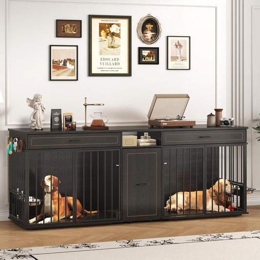 86.6" Dog Crate Furniture Large Breed TV Stand with Double Rooms, Wooden Dog Kennel Furniture with Dog Bowl, 2 Drawers and Cabinet for Large Medium Dogs, Black