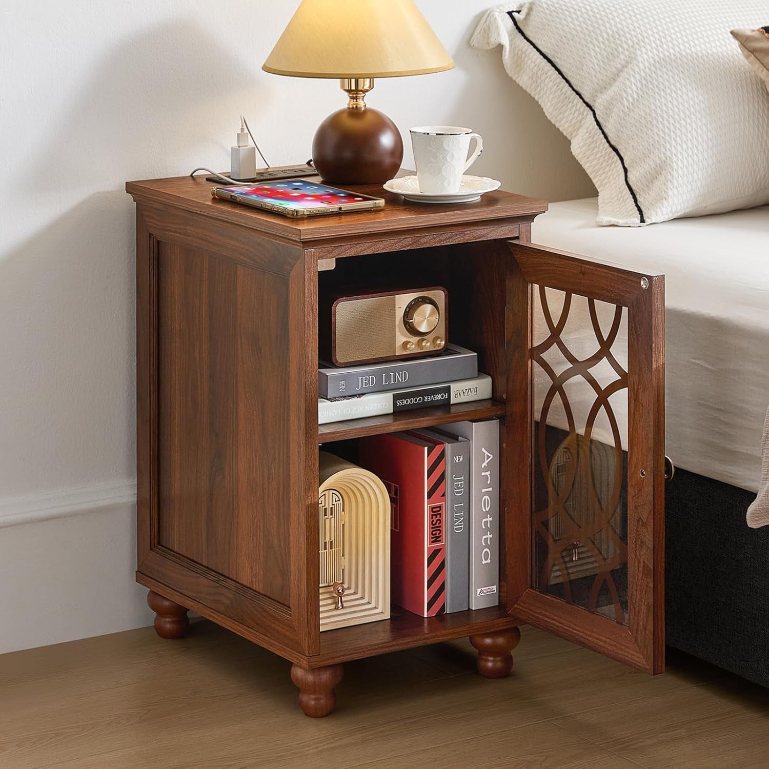 Narrow Side Table with Charging Station Set of 2, Night Stand with Glass Door,Bedside End Tables with Adjustable Shelf Storage Cabinet,Wood Nightstand for Small Spaces Living Room Bedroom
