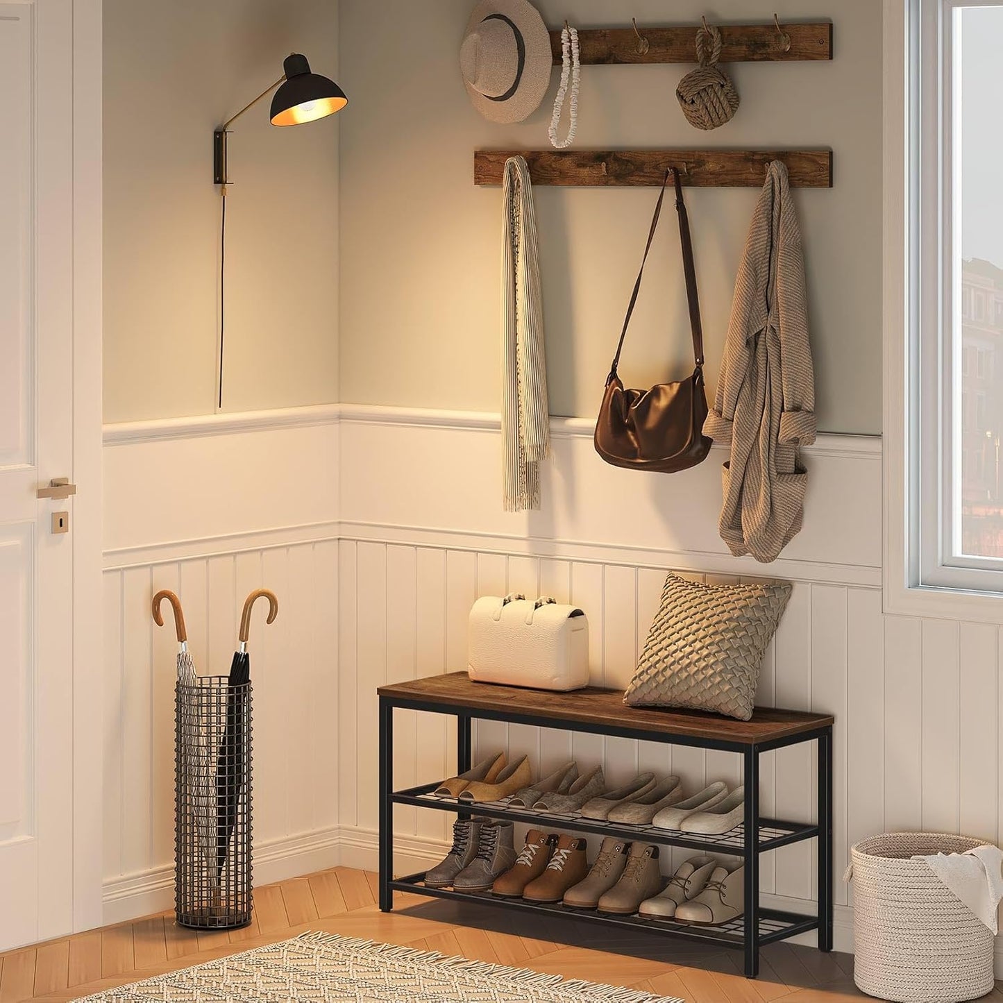 Hall Tree with Bench, Coat Rack Shoe Bench Set, Entryway Shoe Rack with Coat Hooks, Hall Tree Coat Rack, Mud Room, Industrial, for Foyer, Front Door, Rustic Brown BF07MT01