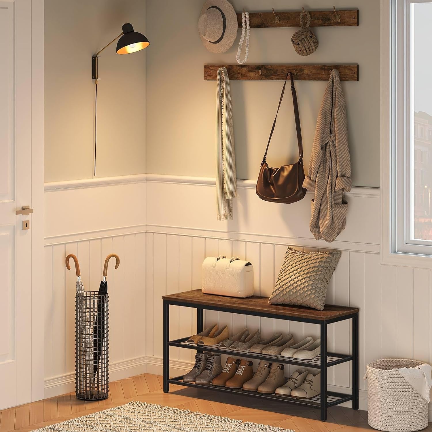 Hall Tree with Bench, Coat Rack Shoe Bench Set, Entryway Shoe Rack with Coat Hooks, Hall Tree Coat Rack, Mud Room, Industrial, for Foyer, Front Door, Rustic Brown BF07MT01