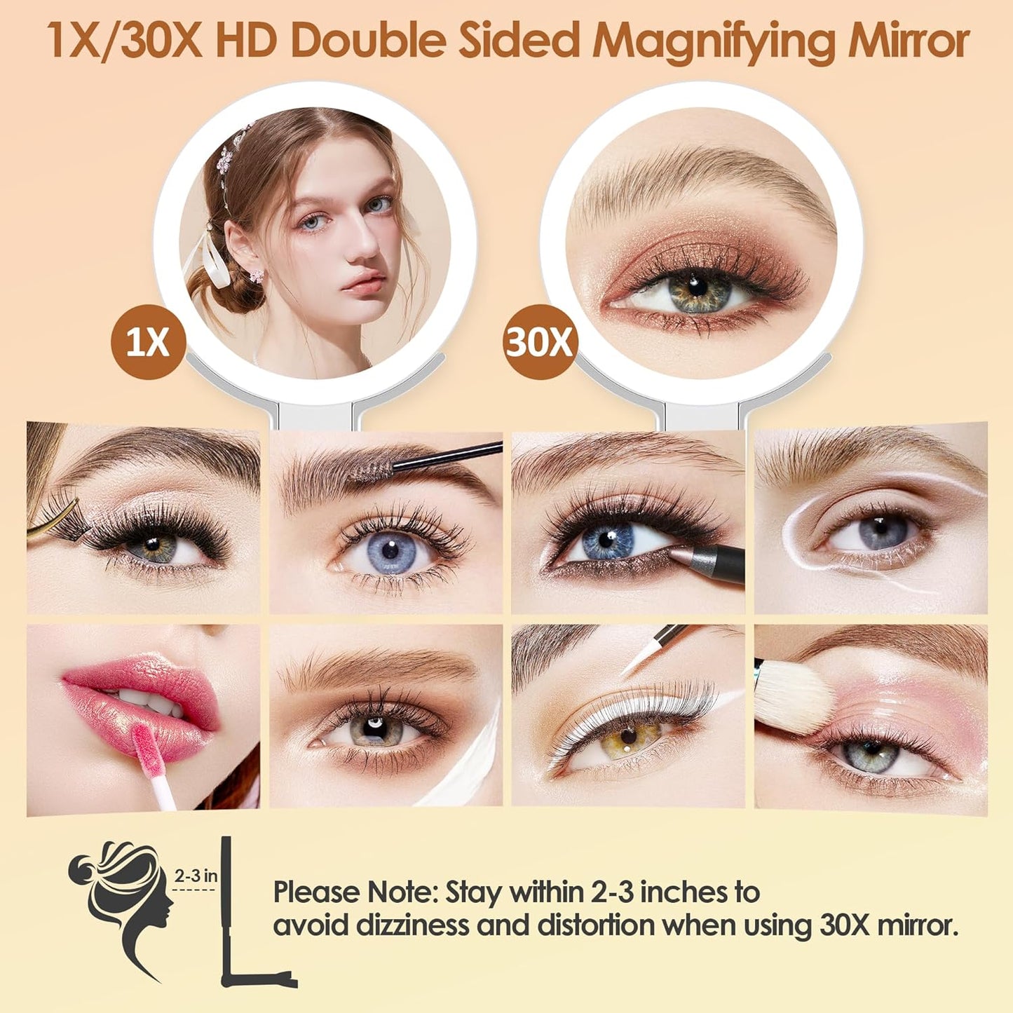 Magnifying Mirror with Light, Double Sided 30X/1X Lighted Travel Makeup Mirror with Magnification, 3 Color Lighting, Dimmable Touch Screen, Adjustable & Foldable Hand Mirror (White)