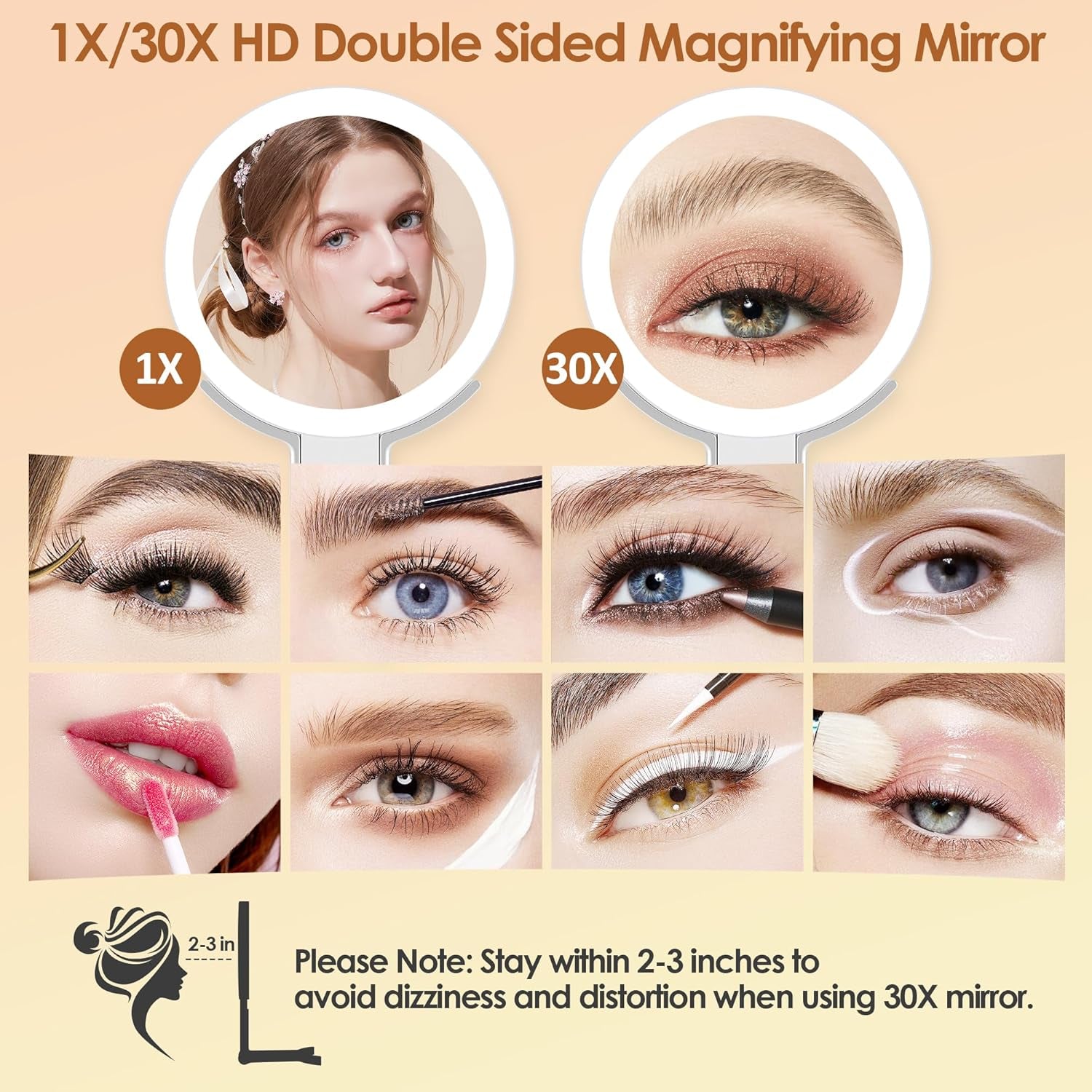Magnifying Mirror with Light, Double Sided 30X/1X Lighted Travel Makeup Mirror with Magnification, 3 Color Lighting, Dimmable Touch Screen, Adjustable & Foldable Hand Mirror (White)