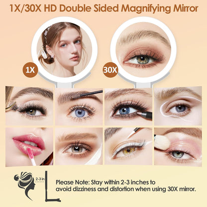 Magnifying Mirror with Light, Double Sided 30X/1X Lighted Travel Makeup Mirror with Magnification, 3 Color Lighting, Dimmable Touch Screen, Adjustable & Foldable Hand Mirror (White)