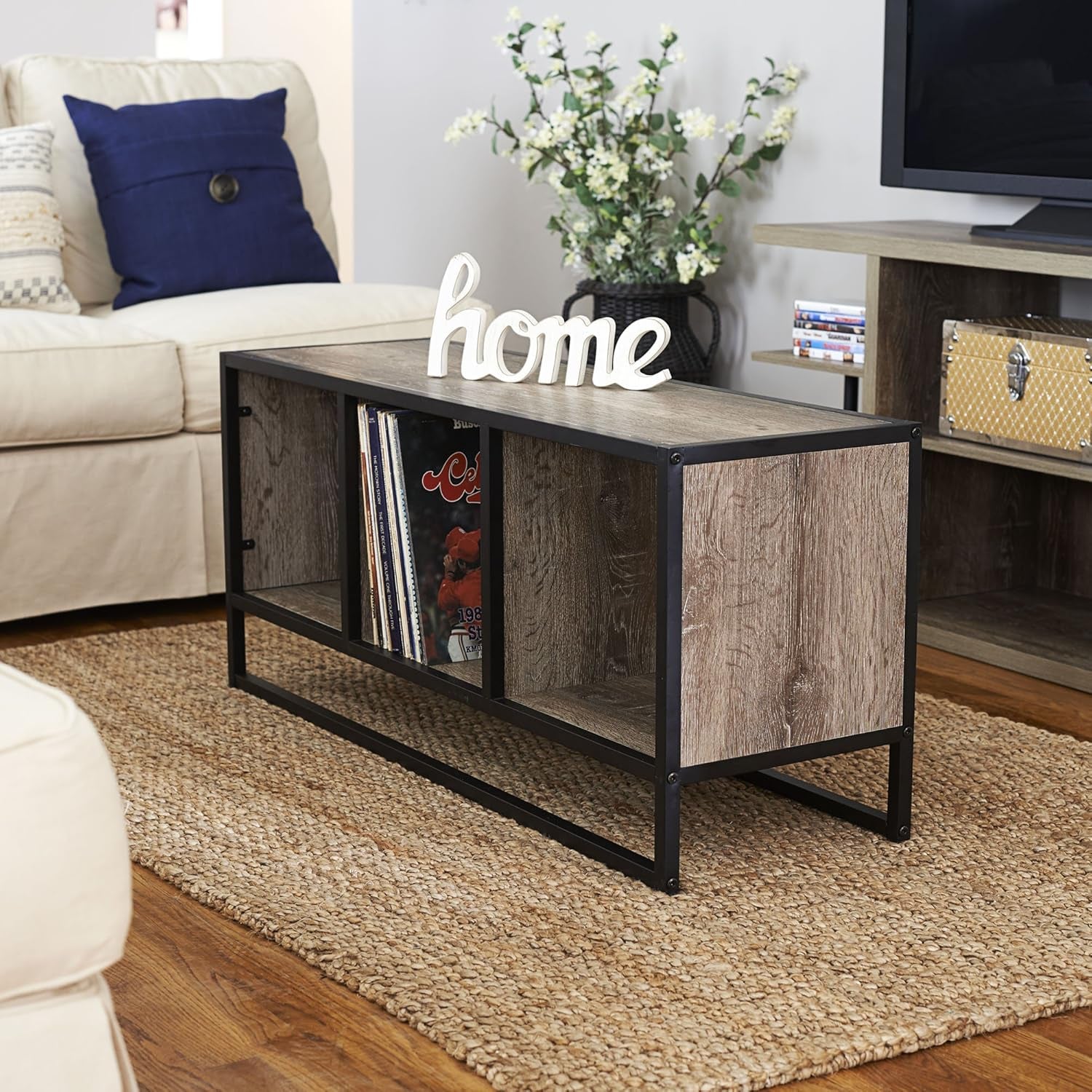 Jamestown TV Stand Coffee Table with Square Cube Storage Compartments Ashwood Rustic Wood Grain and Black Metal