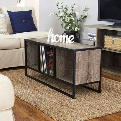 Jamestown TV Stand Coffee Table with Square Cube Storage Compartments Ashwood Rustic Wood Grain and Black Metal