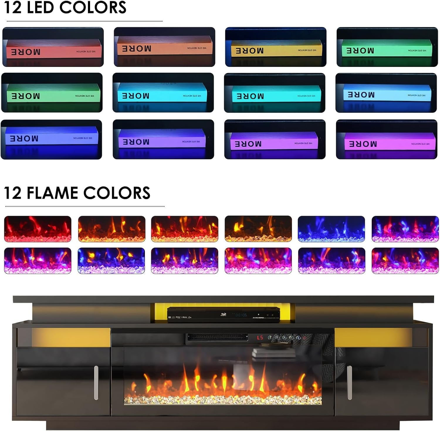 TV Stand with Fireplace, 67In Entertainment Center with Opening Shelves Modern Storage Cabinets and LED Lights, for 80 Inch Tvs, for Living Room, Black