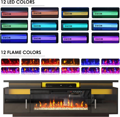 TV Stand with Fireplace, 67In Entertainment Center with Opening Shelves Modern Storage Cabinets and LED Lights, for 80 Inch Tvs, for Living Room, Black