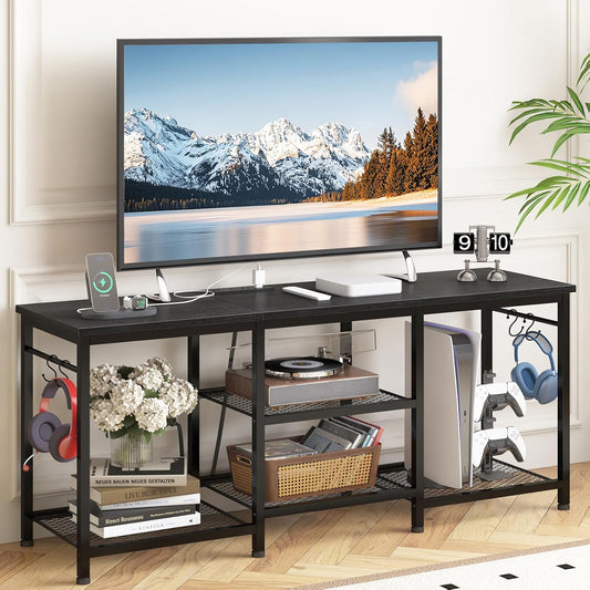 Entertainment Center for up to 55 Inch Tvs, TV Stand with Power Outlet and Open Storage Shelves, TV Media Console Table for Living Room and Bedroom, Black