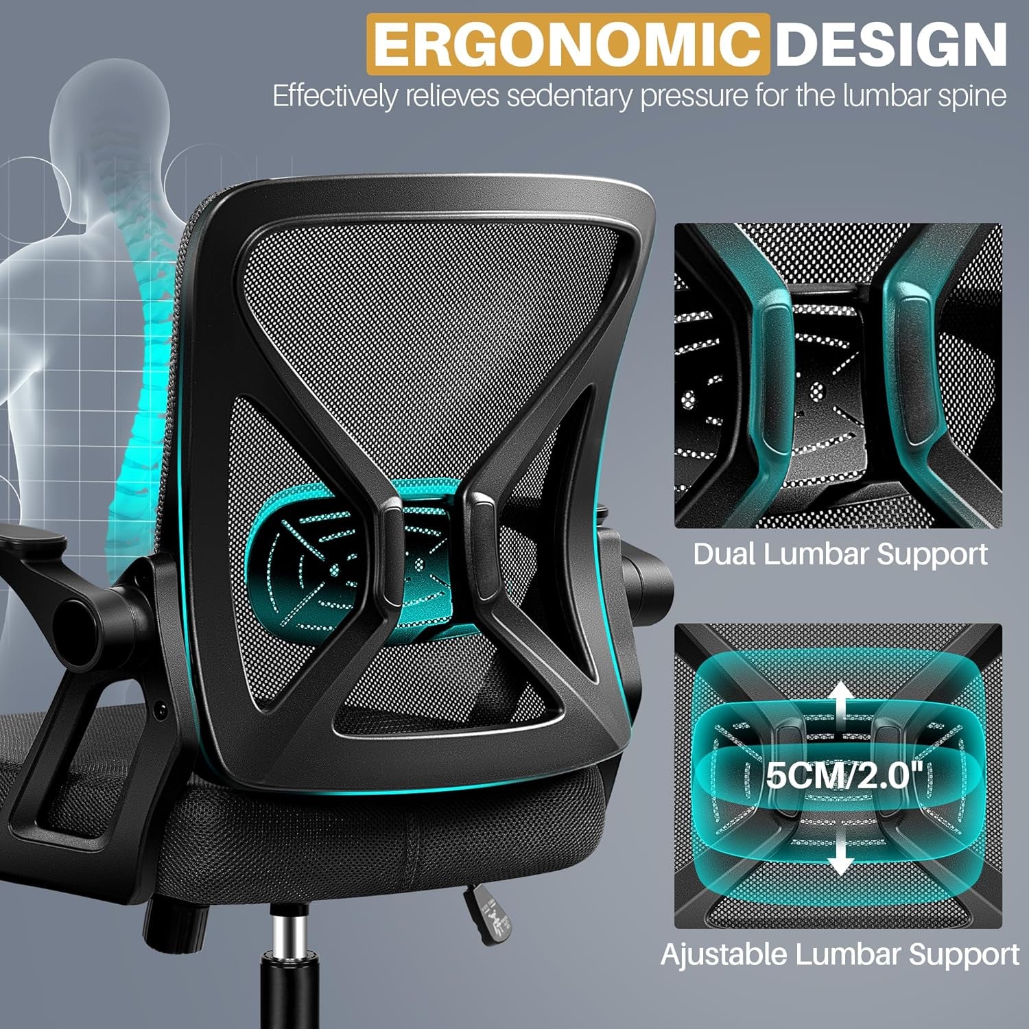 Office Chair - Ergonomic Desk Chair Breathable Mesh Task with Wheels and Lumbar Support Home Desk Office Chairs with Flip up Armrest Rolling Swivel for Home Computer Black
