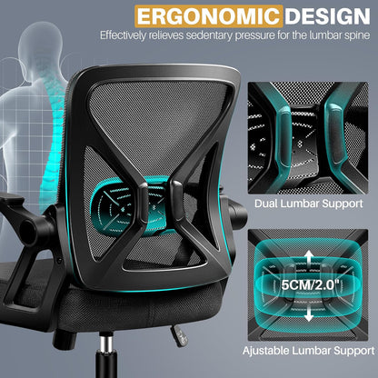 Black ergonomic mesh office chair with flip-up armrests, view 6