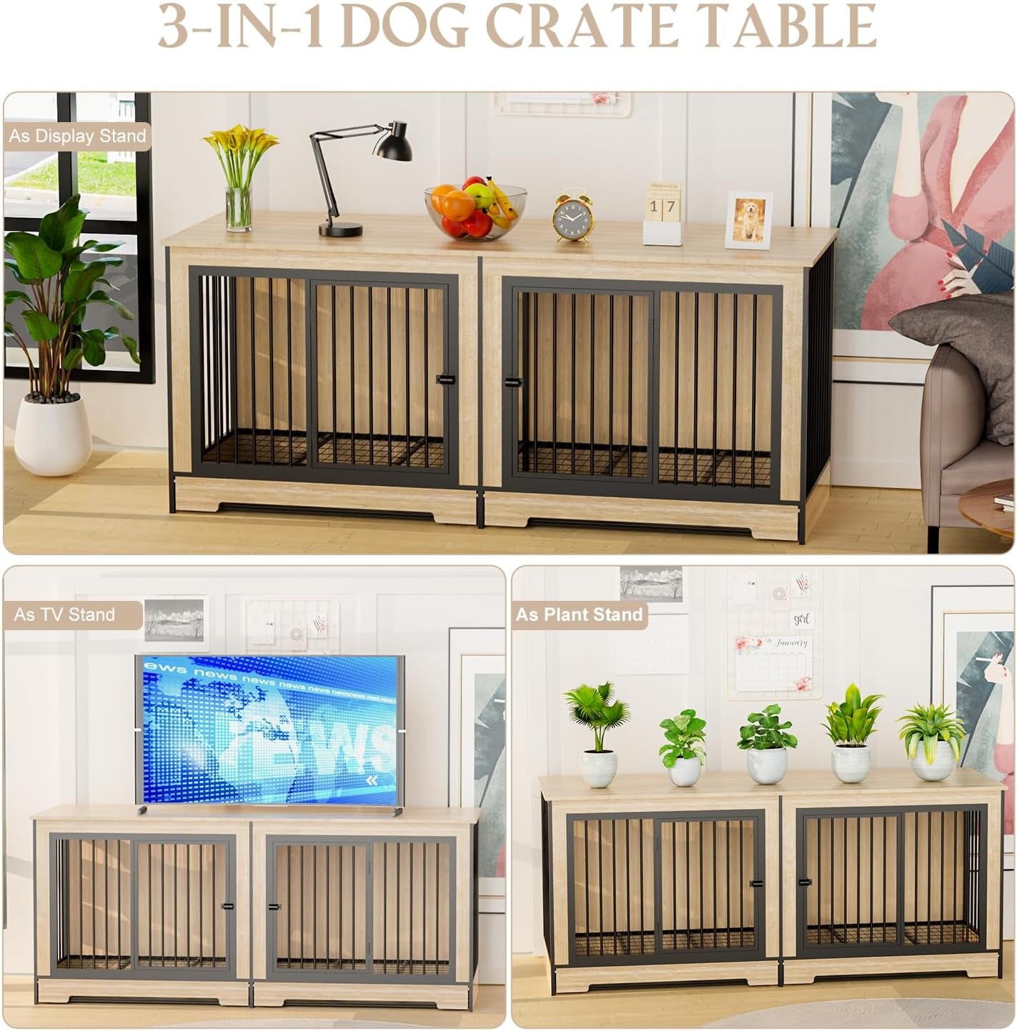 75 Inch Extra Large Double Dog Crate Furniture with Divider, XXL Upgraded Thick Wooden Dog Crate TV Stand