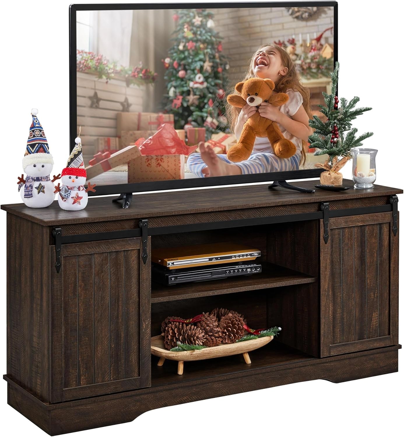 TV Stand for Tvs up to 65 Inch, Farmhouse Media Entertainment Center, 58'' TV Console Table with Adjustable Shelves & Sliding Barn Doors for Living Room, Dark Walnut