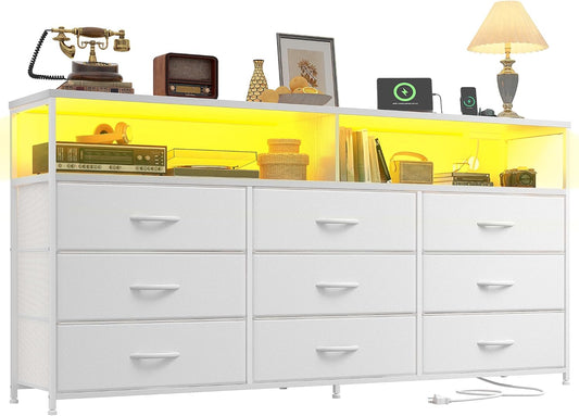 55" W White Dresser for Bedroom with 9 Drawers, LED TV Stand with Power Outlets for 45, 55, 65 Inch TV, Sturdy Long Chest of Drawers with Extra 2 Wooden Shelves, 55.1" W X 35.4" H X 11.8" D