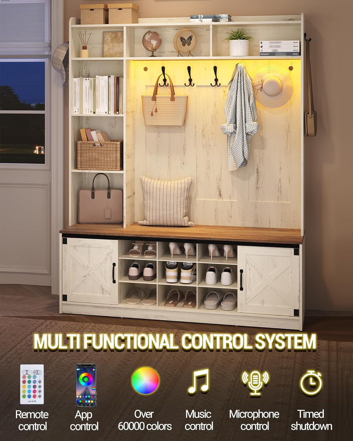 59.8" Hall Tree, LED Farmhouse Entryway Storage and Coat Rack Wood, Entryway Furniture with 7 Hooks, Hall Tree with Bench and Storage, 6 Storages Partitions Shoe Bench, Rustic White HT24814B