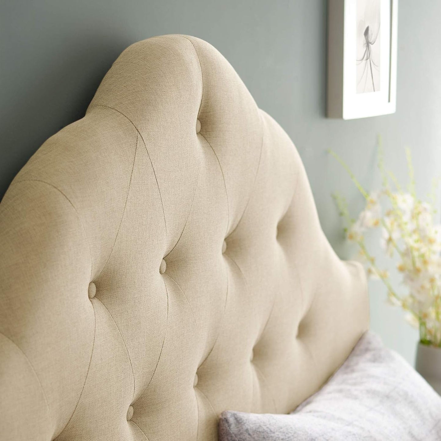 Sovereign Tufted Button Linen Fabric Upholstered Queen Headboard in Beige