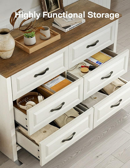 Farmhouse 6 Drawer Dresser, Wood Chest of Drawers with Natural Texture, Smooth Gliding Drawers, Versatile Storage Organizer Cabinet for Bedroom & Living Room, White and Brown