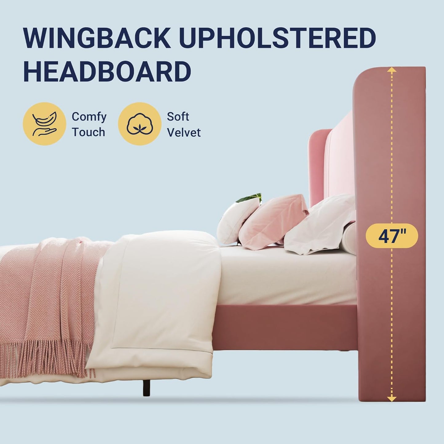 Full Size Velvet Platform Bed Frame with Vertical Tufted Wingback Headboard, Easy Assembly, under Bed Storage, No Box Spring Required, Modern Style, Pink