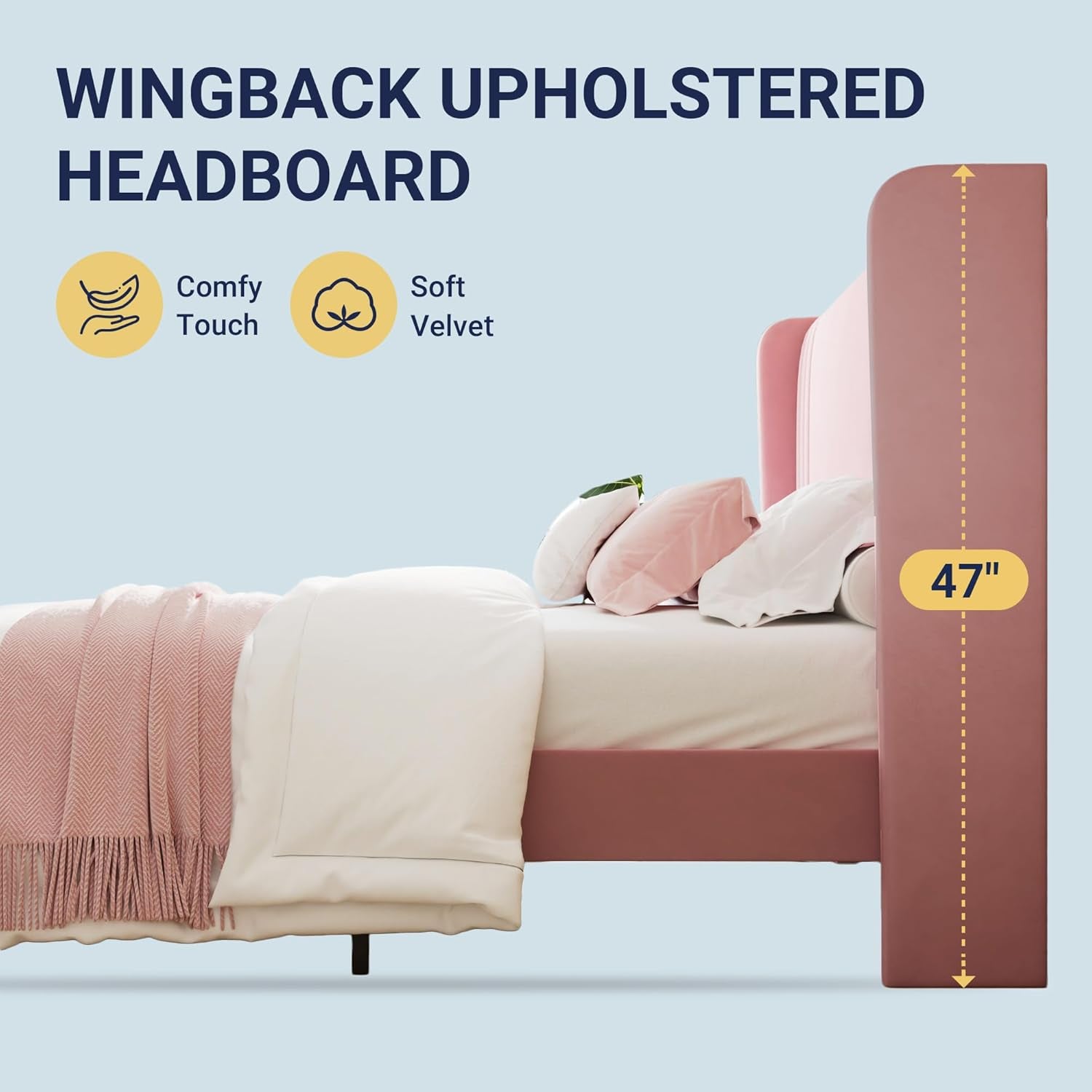 Full Size Velvet Platform Bed Frame with Vertical Tufted Wingback Headboard, Easy Assembly, under Bed Storage, No Box Spring Required, Modern Style, Pink