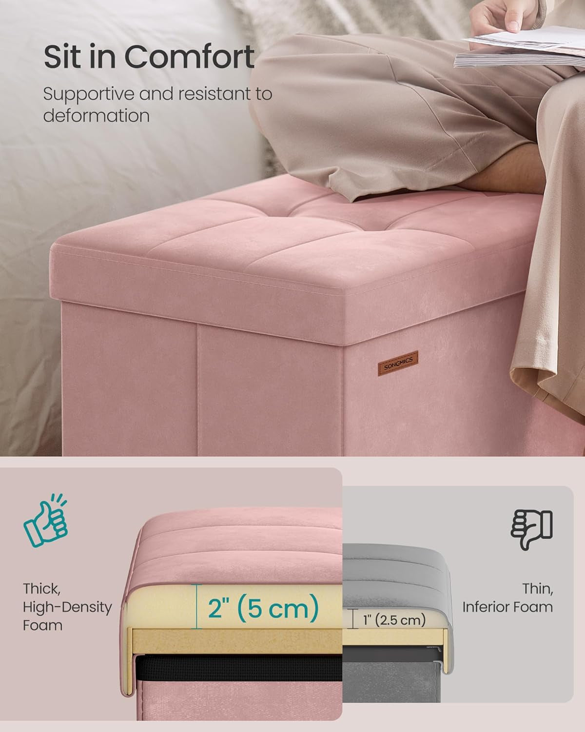 Mazie Collection - 43 Inches Storage Ottoman, Foldable Storage Bench with Flipping Lid, 660 Lb Load Capacity, for Entryway, Living Room, Bedroom, Velvet Fabric, Jelly Pink ULSF078SA01