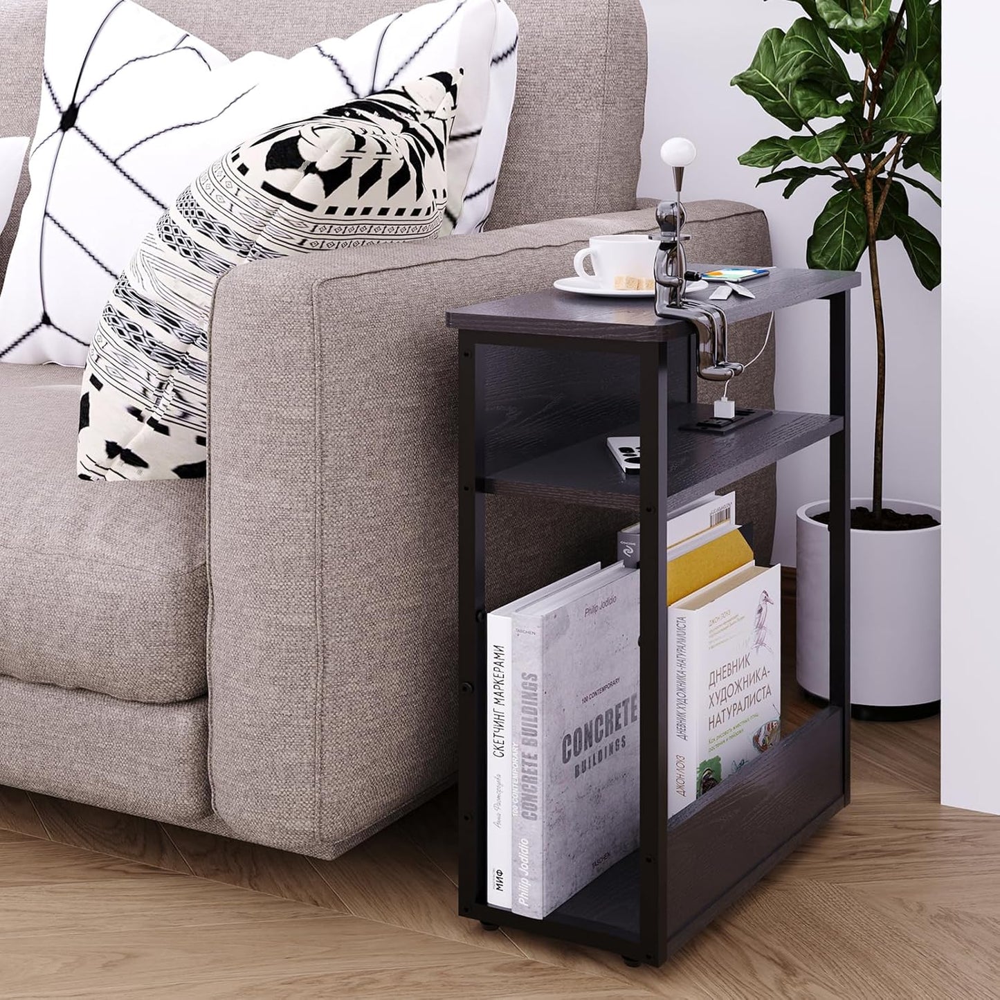 Narrow Side Table with Charging Station, 3 Tier Slim End Table for Small Spaces, 23.6 Inch Height Thin Tables with Storage Shelf and Magazine Rack for Living Room, Black