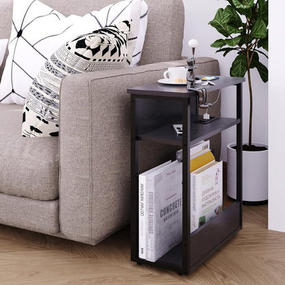 Narrow Side Table with Charging Station, 3 Tier Slim End Table for Small Spaces, 23.6 Inch Height Thin Tables with Storage Shelf and Magazine Rack for Living Room, Black