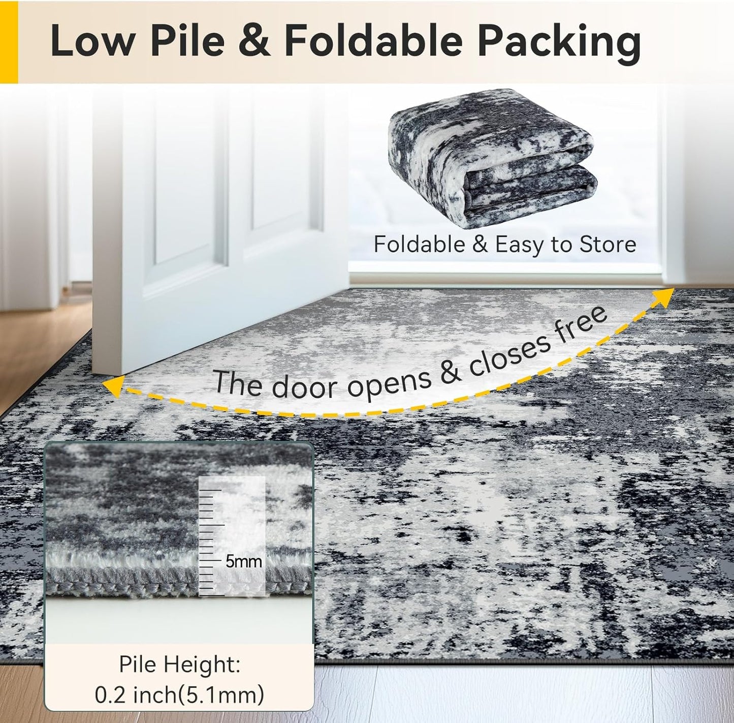 Washable Area Rugs 5'X7' Non-Slip Modern Abstract Soft for Living Room Entryway Bedroom Nursery, Print Pattern, Black Navy Blue Gray