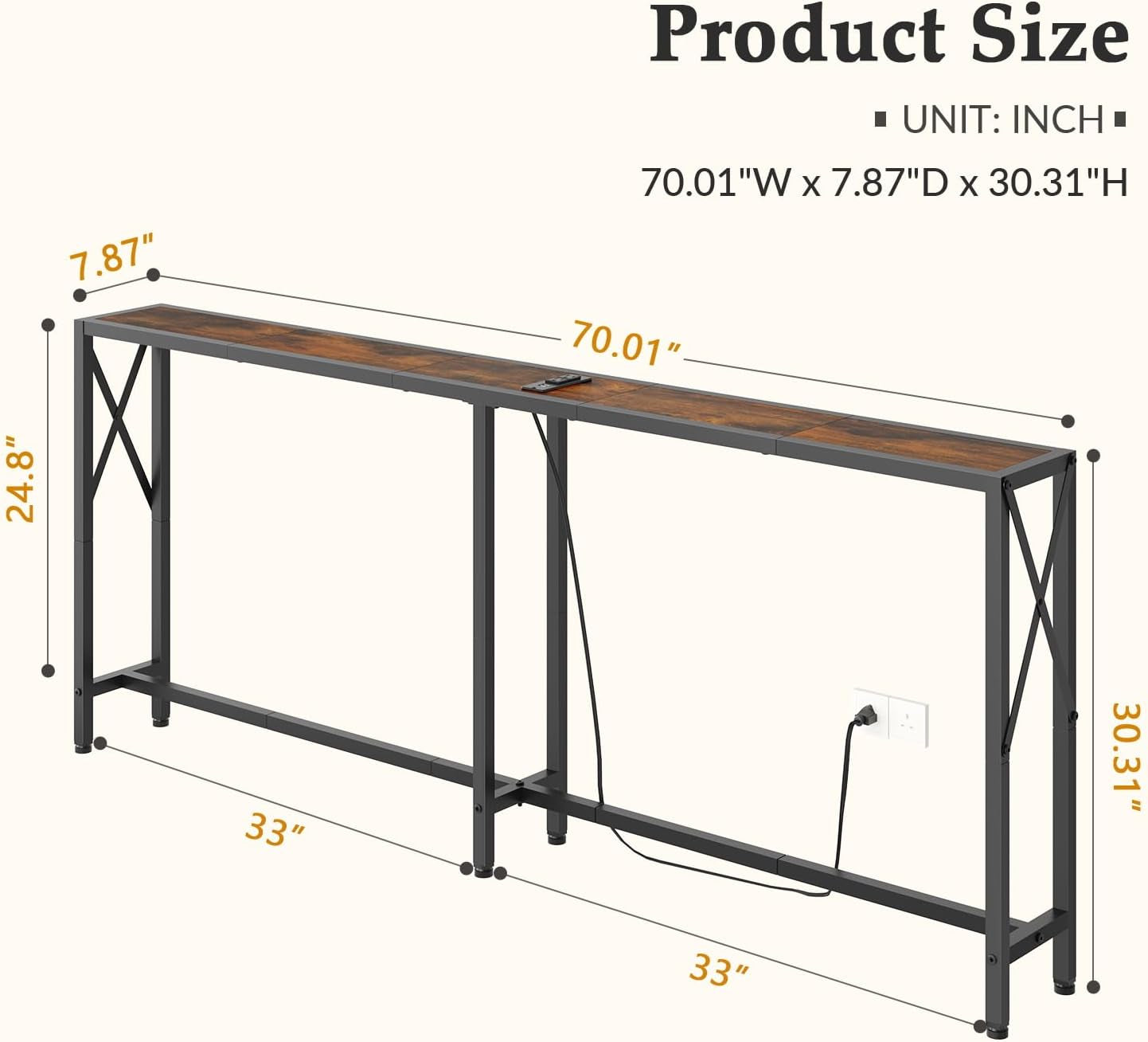 70 in Skinny Sofa Table behind Couch, Console Table with Oulets & USB Ports for Hallway, Entryway,Living Room, Bedroom, Rustic Brown