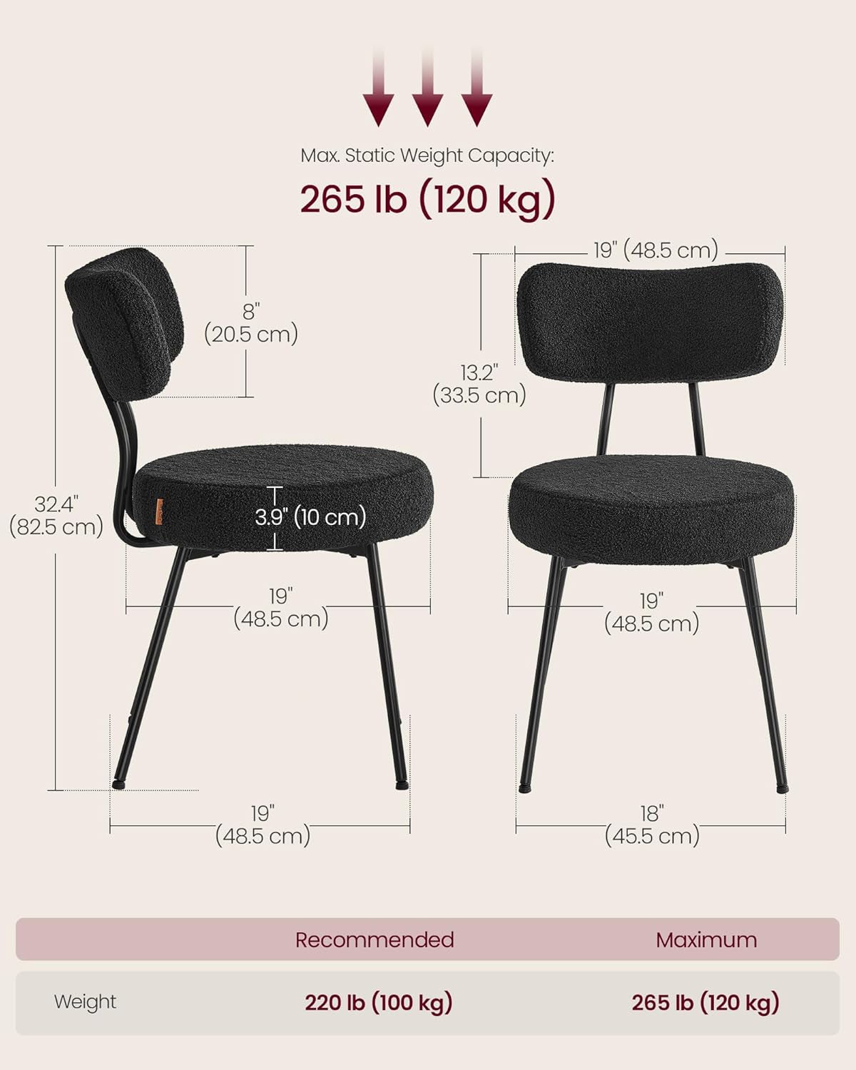 Boucle Dining Chairs Set of 2, Upholstered Kitchen Dining Room Chairs with Curved Backrest and Steel Frame, Modern Mid Century, Round, for Vanity, Living Room, Ink Black UKDC110B01