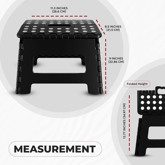 Folding Step Stool with Handle - (Pack of 1) Anti-Slip Foot Stool with 9 Inch Height - Holds up to 300 Lbs - Sturdy Plastic Foldable Step Stool for Kitchen, Bathroom & Living Room (Black)