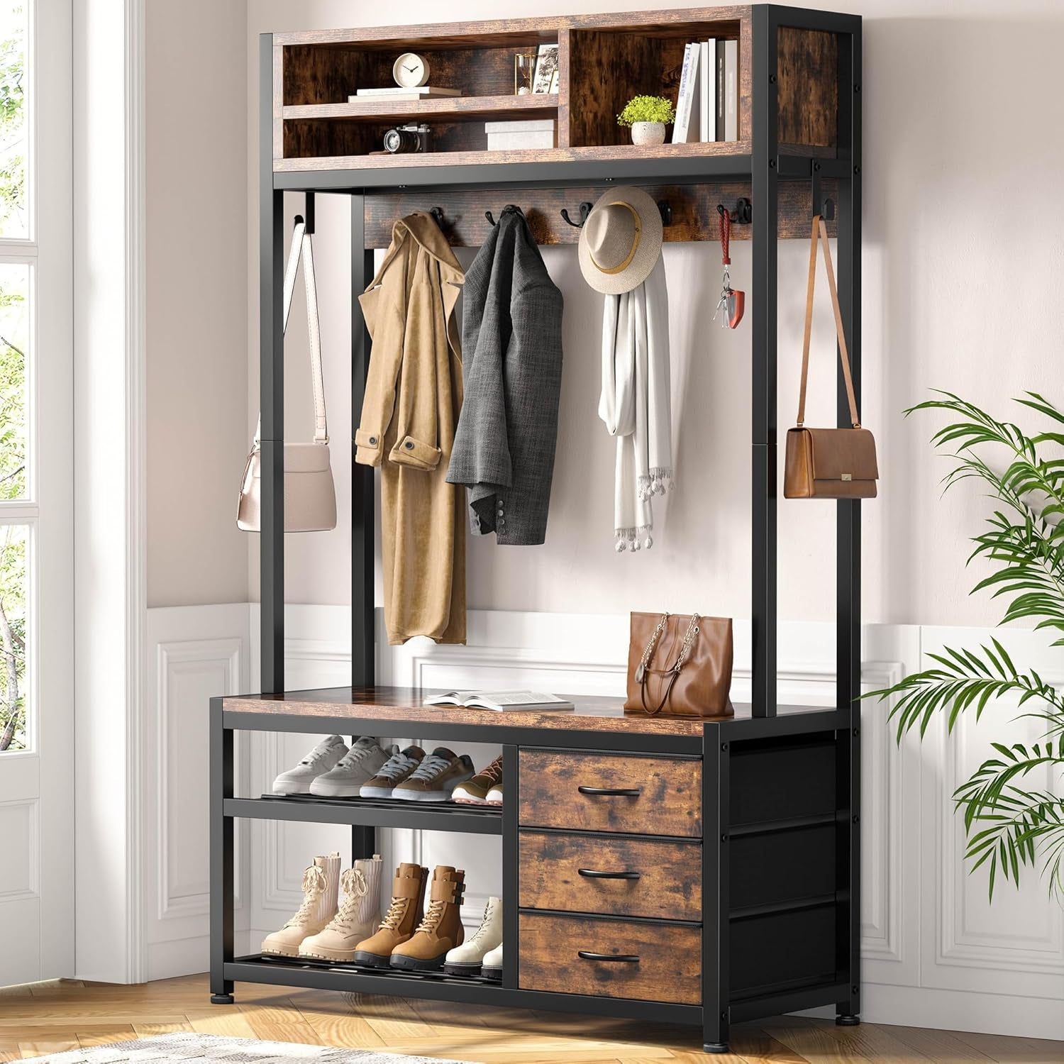 Hall Tree with Bench and Shoe Storage, Coat Rack Freestanding with 3 Fabric Drawers, Entryway Bench with Shoe Storage, Hall Tree with 12 Hooks for Hallway