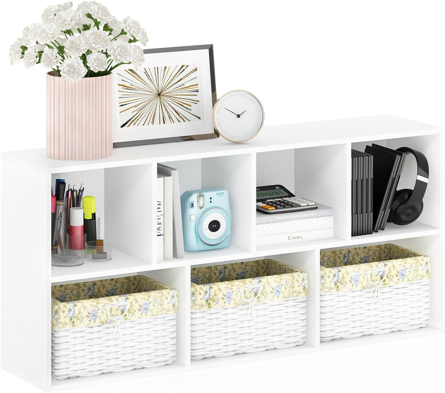 LUDER Book Shelf, 7-Cube Bookshelf, Bookcase with Open Shelves, 9.4 X 19.5 X 41.7, Easy Assembly, for Living Room, Bedroom, Home Office, Plain White