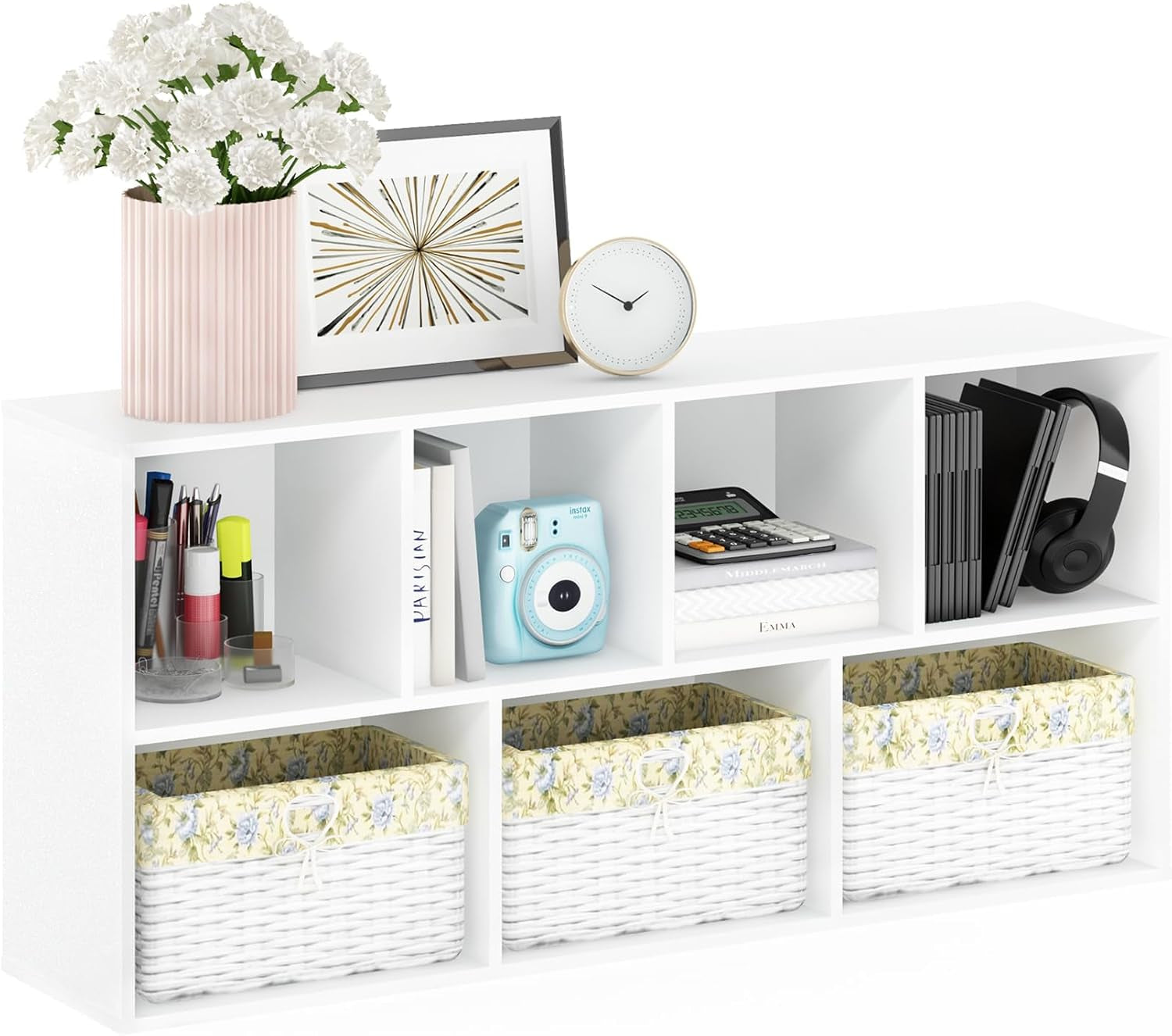 LUDER Book Shelf, 7-Cube Bookshelf, Bookcase with Open Shelves, 9.4 X 19.5 X 41.7, Easy Assembly, for Living Room, Bedroom, Home Office, Plain White