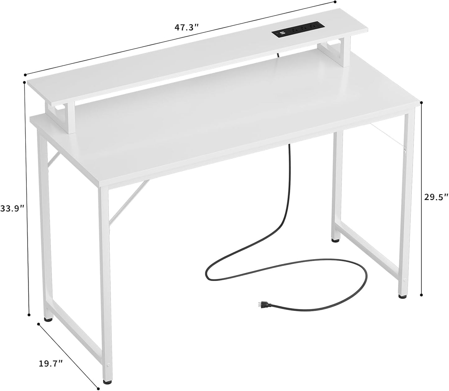 47 Inch Computer Desk with Power Outlets, Gaming Desk with LED Lights, Home Office Work Desk with Monitor Shelf, Modern Office Desk Study Writing Table for Small Spaces, White