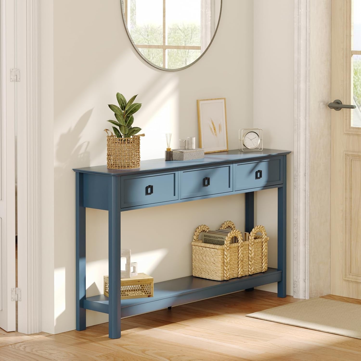 53.1" Console Table with 3 Drawers, Modern Entryway Table, 2-Tier Narrow Long Sofa Table behind Couch Table for Living Room, Hallway, Blue