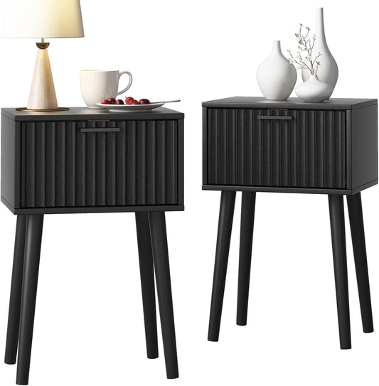 Nightstands Set of 2, Small Side Table, Bedside Table with Fluted Door, Solid Wood Feet; Modern Mid-Century End Table for Bedroom, Small Space (Black)