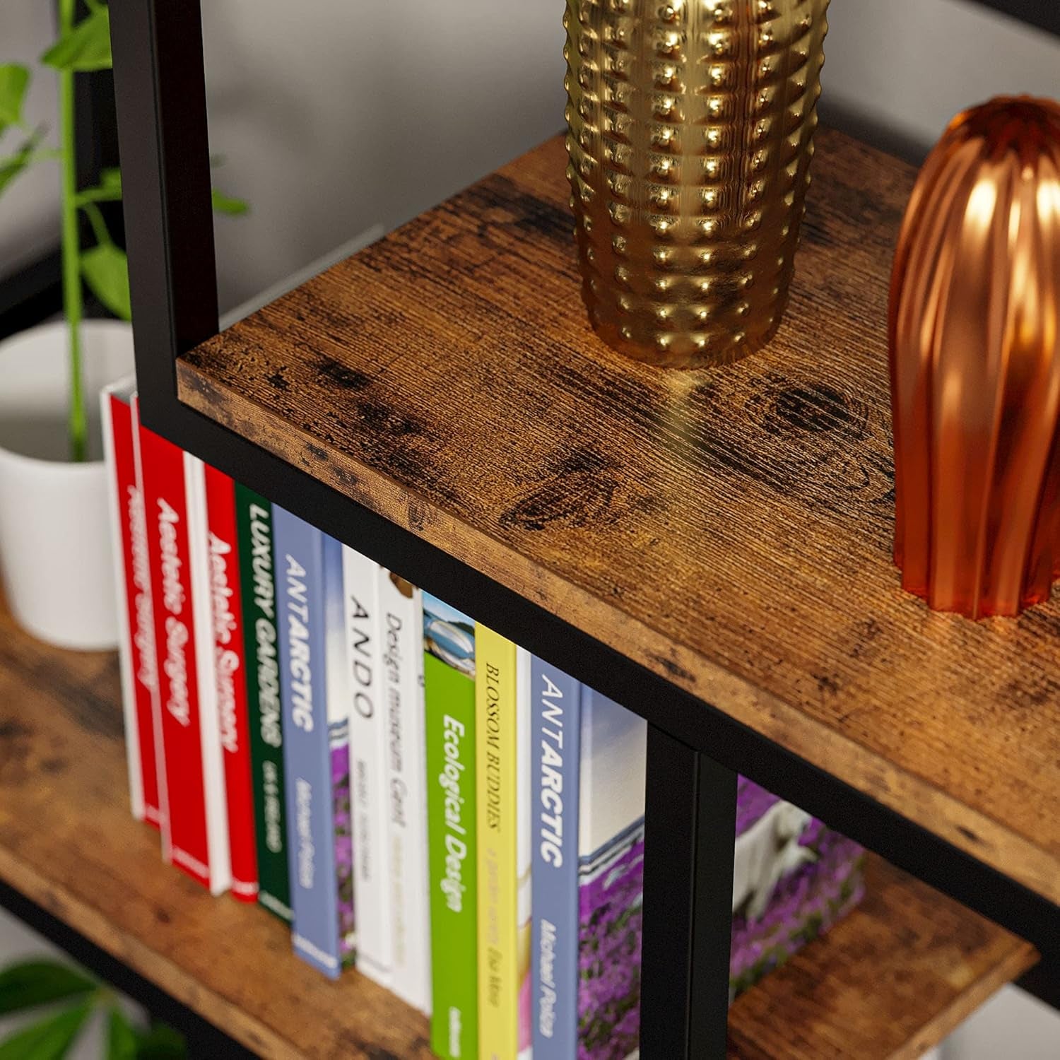 Bookshelves 6 Tiers, Industrial Etagere Heavy Duty Shelves for Living Rooom, Office Storage Geomeric Display Boocase, Vintage Brown