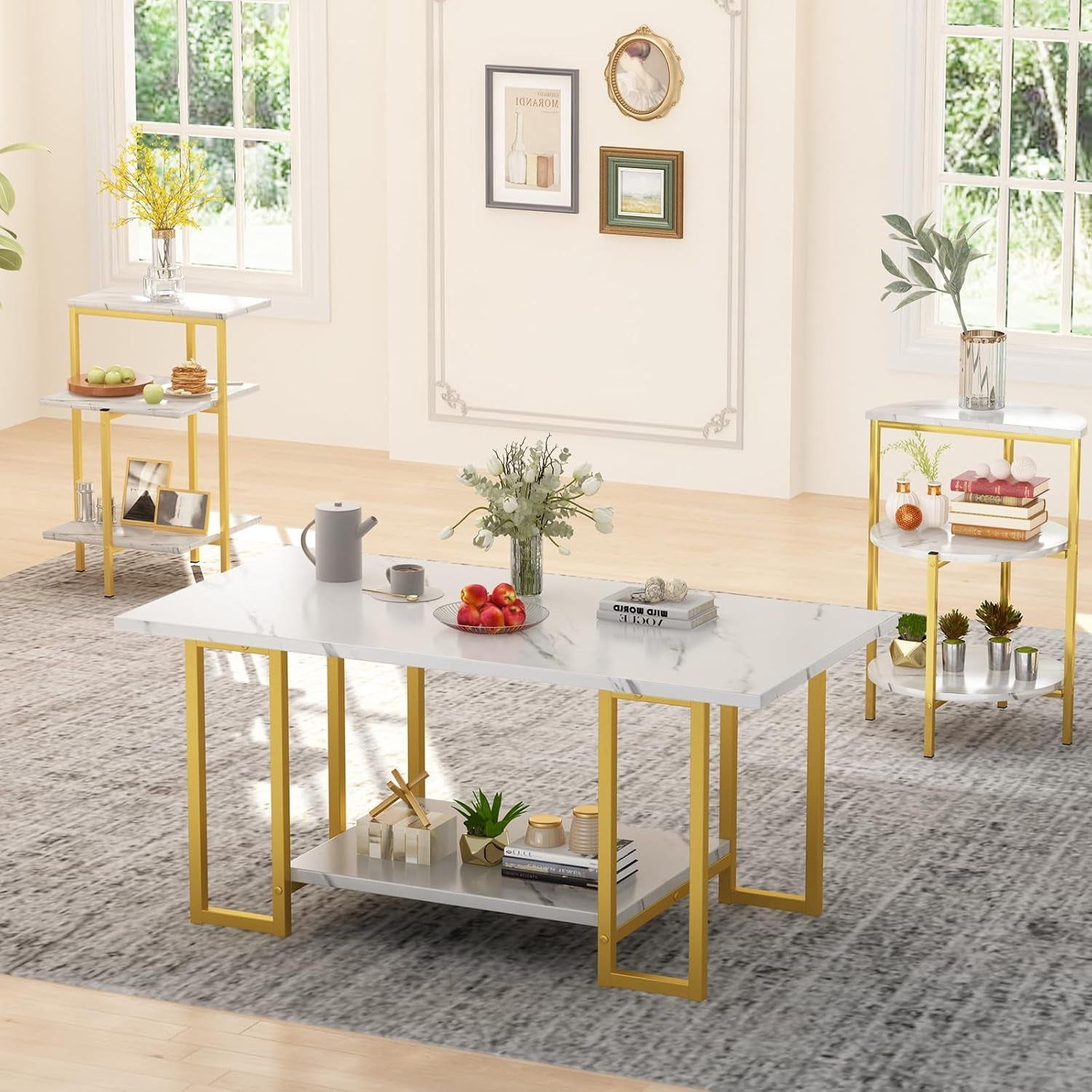 Coffee Table Set of 3,Rectangle Coffee Table&2 Accent Table,Faux Marble Tabletop,3 Piece Living Room Table Sets with Multi Tier Storage, for Small Space, Apartment,White & Gold (Lcts-Wg)
