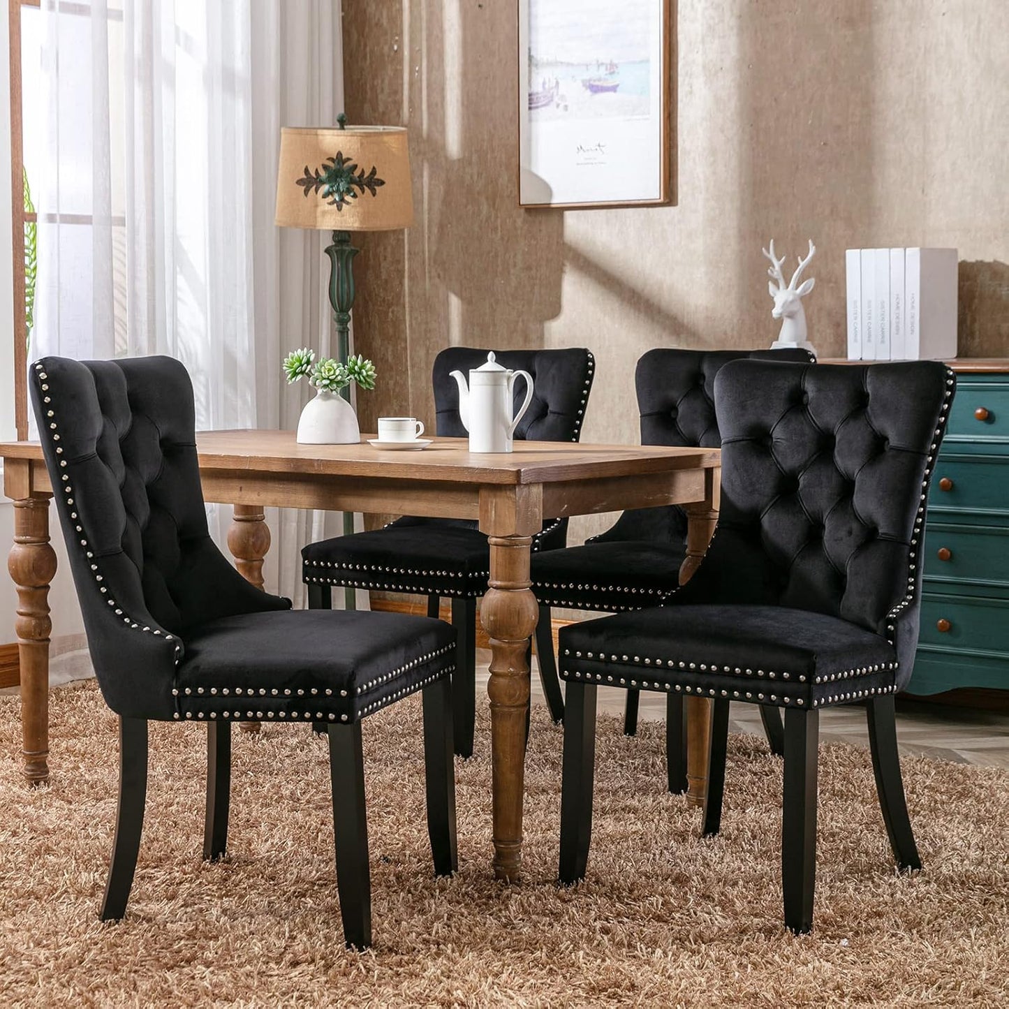 Black Velvet Dining Chairs Set of 4, Kitchen & Dining Room Chairs, Four Fabric Tufted Dinning Chairs, Velvet Upholstered, Wing Back, Metal Pull Ring, Wood Frame, Mid Century Modern