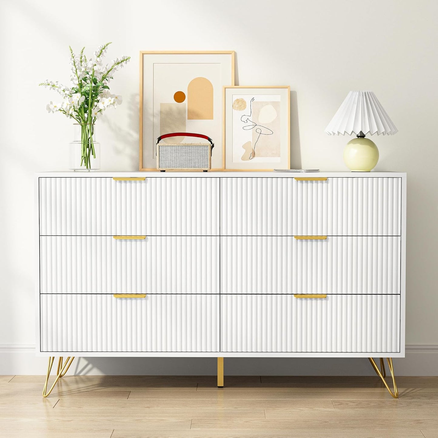 White 6 Drawer Dresser with Golden Handle, Fluted Wood Dressers, Modern Chest for Bedroom, Living Room, Hallway, Entryway