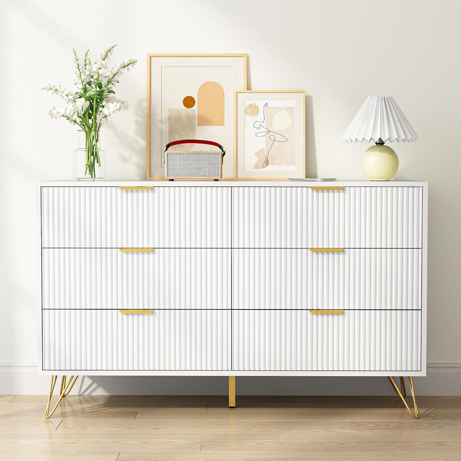 White 6 Drawer Dresser with Golden Handle, Fluted Wood Dressers, Modern Chest for Bedroom, Living Room, Hallway, Entryway