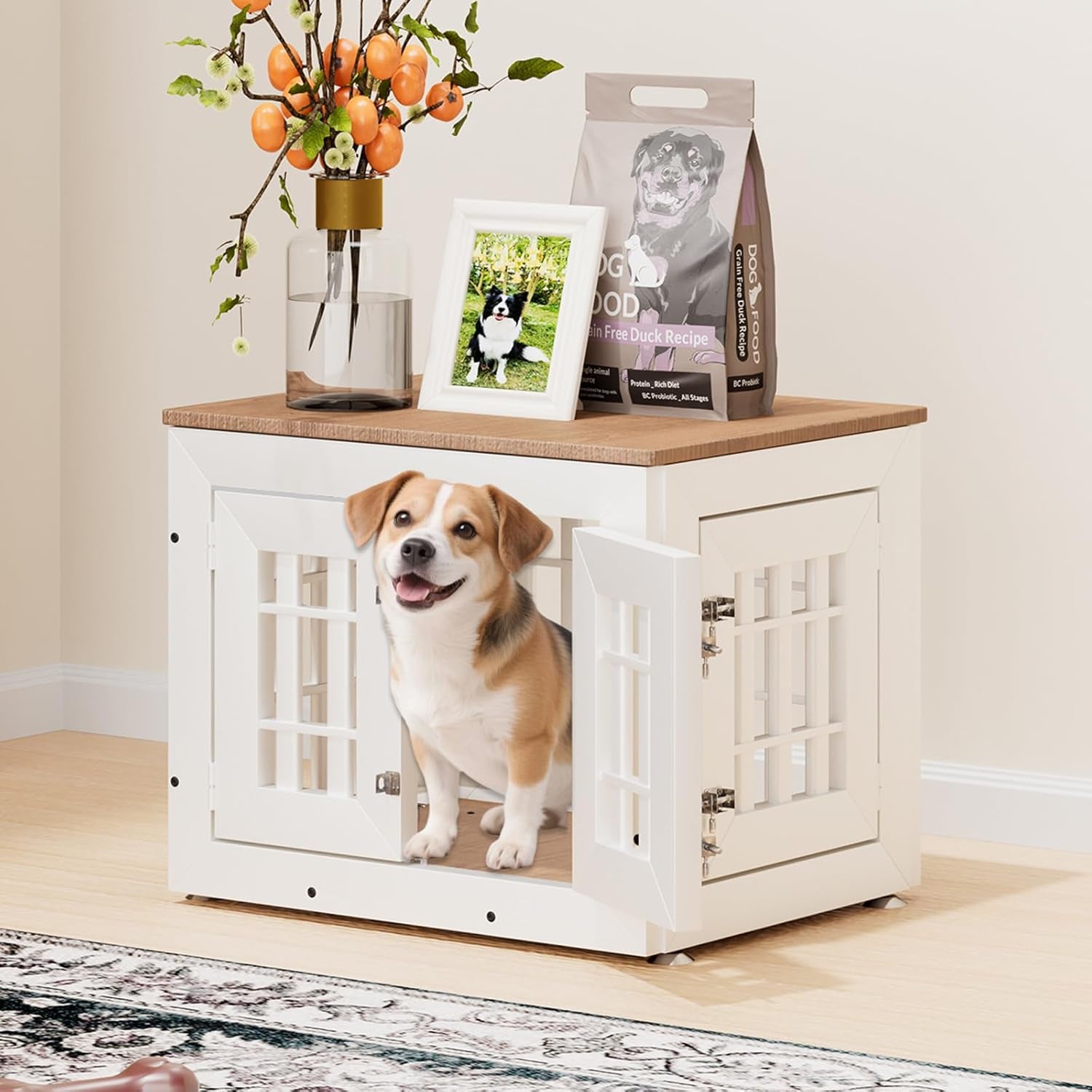 26" Heavy Duty Dog Crate Furniture for Small,Medium and Large Dogs,Rustic Wooden Dog Cage Kennel Indoor Furniture with Waterproof Top,Decorative Pet House Side End Table (White & Wood)
