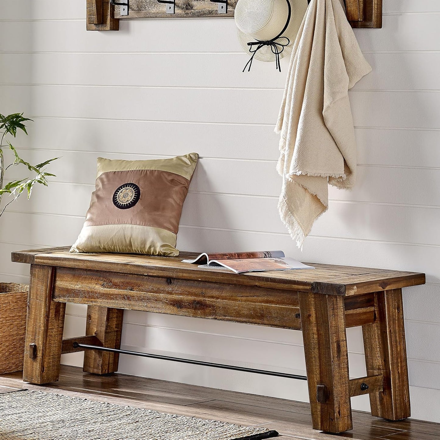 Durango Rustic Farmhouse Style 60-Inch Wood Bench - Industrial Modern Accent Furniture with Solid Wood Seat for Entryway, Dining Room, Hallway, Foyer, or Kitchen by