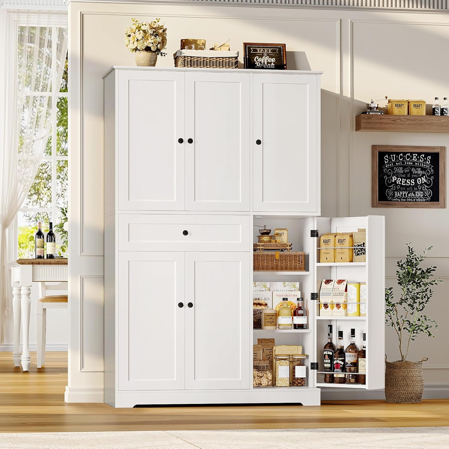 68" Tall Kitchen Pantry Storage Cabinet, Modern Kitchen Hutch Cabinet with Doors and Shelves, Freestanding Food Pantry with Large Storage Drawer for Dining Room, Living Room, White