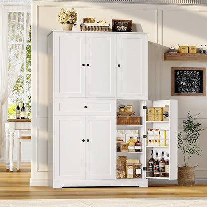 68" Tall Kitchen Pantry Storage Cabinet, Modern Kitchen Hutch Cabinet with Doors and Shelves, Freestanding Food Pantry with Large Storage Drawer for Dining Room, Living Room, White